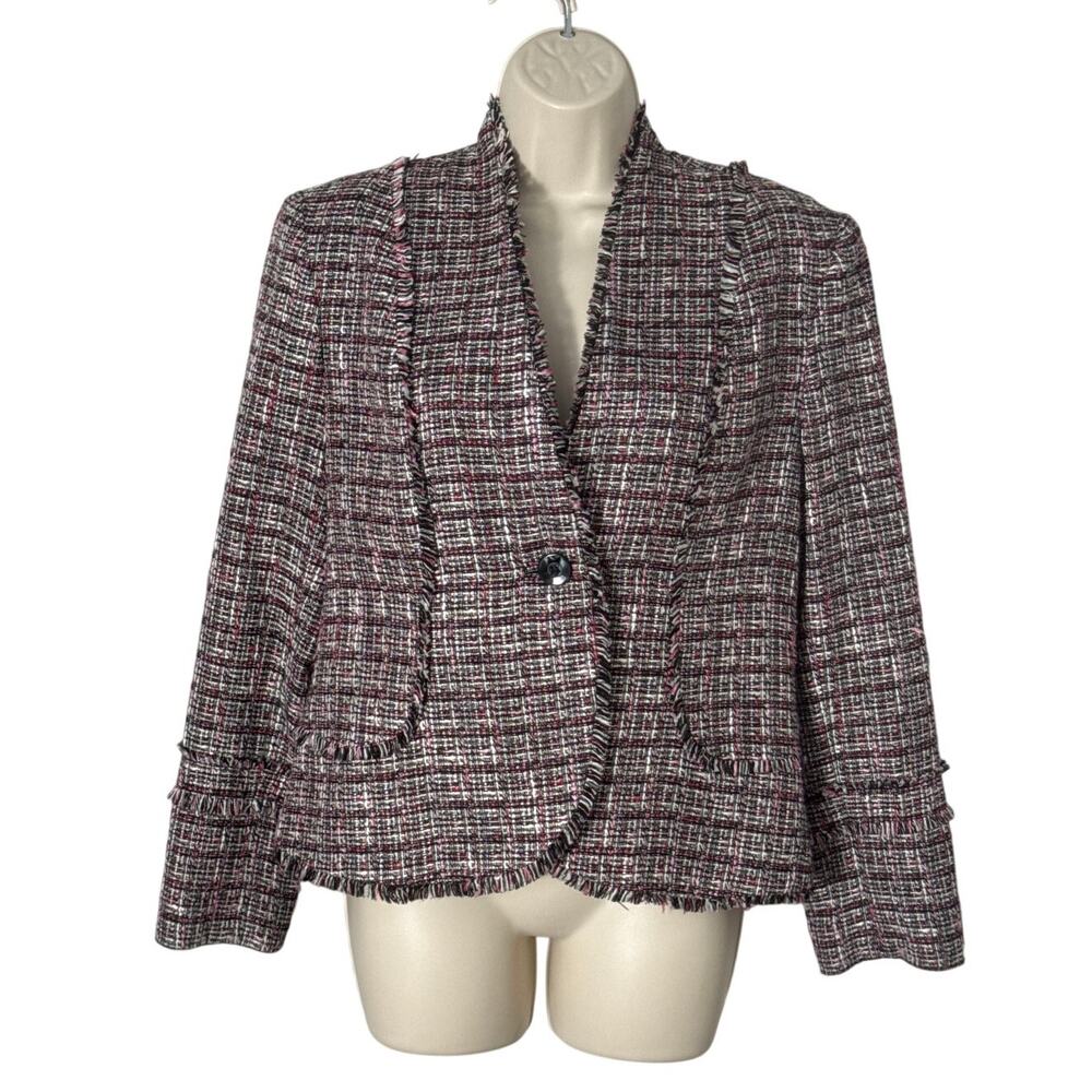I.E. Petites Black Pink‎ Tweed One Button Fringe Trim Jacket Size 14P